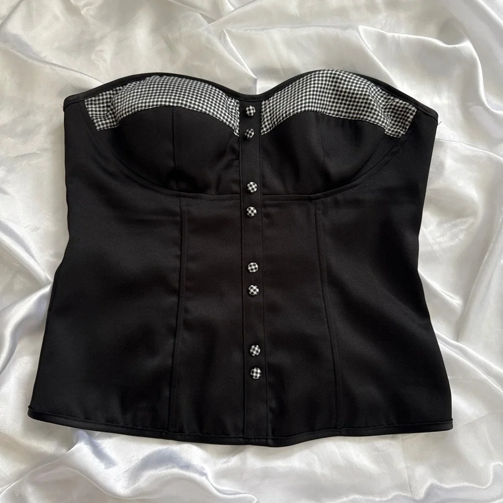 Charlotte Russe Black Gingham Corset Top Strapless Sweetheart Bustier Large